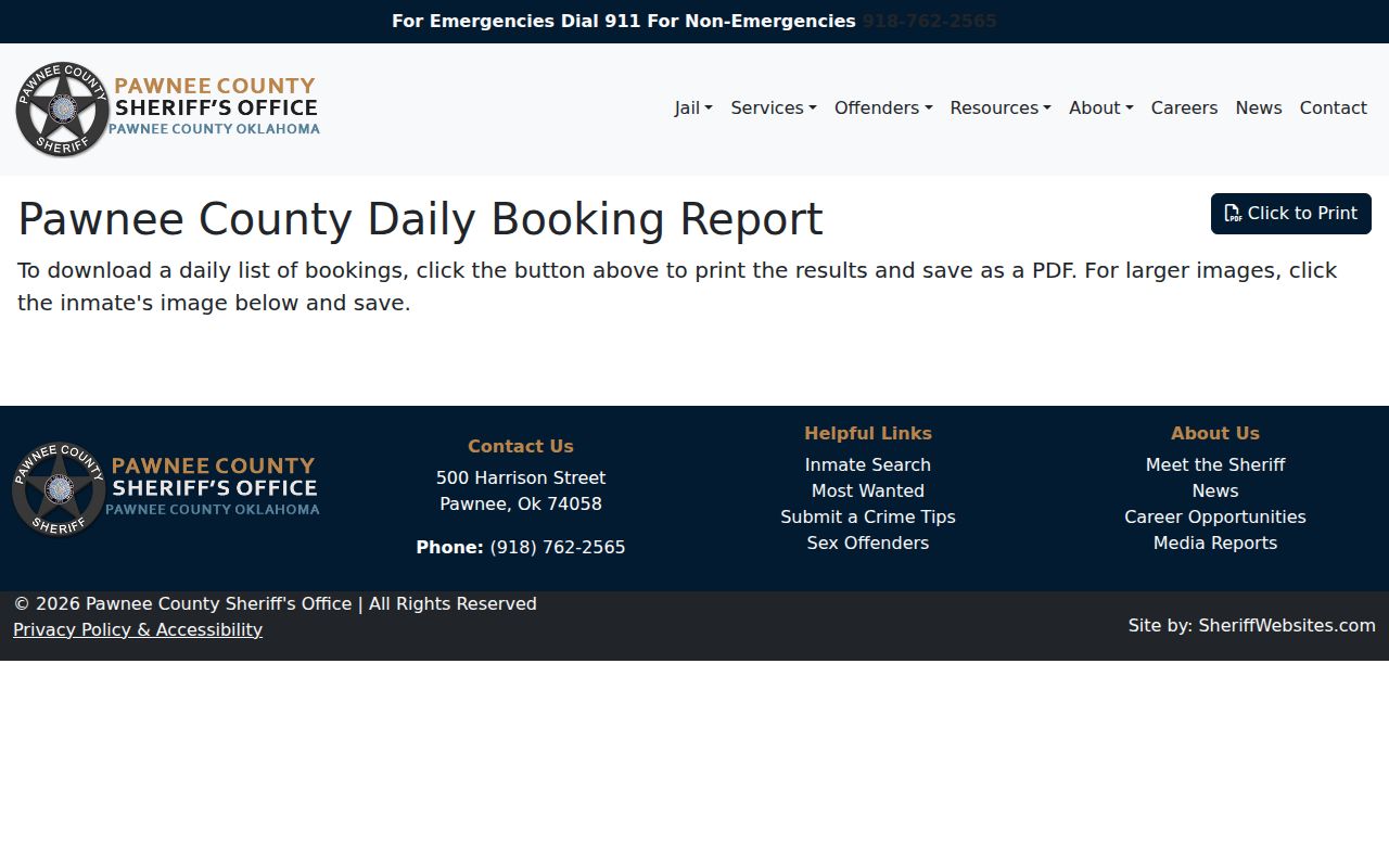 Pawnee County 24-hour booking report used for release verification
