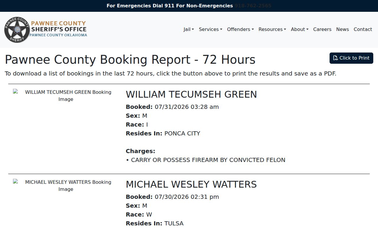 Pawnee County 72-hour booking report used to check recent release context
