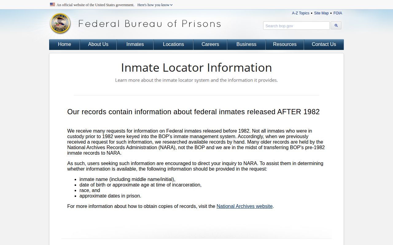 BOP inmate record scope and federal release limitations for Pawnee County searches