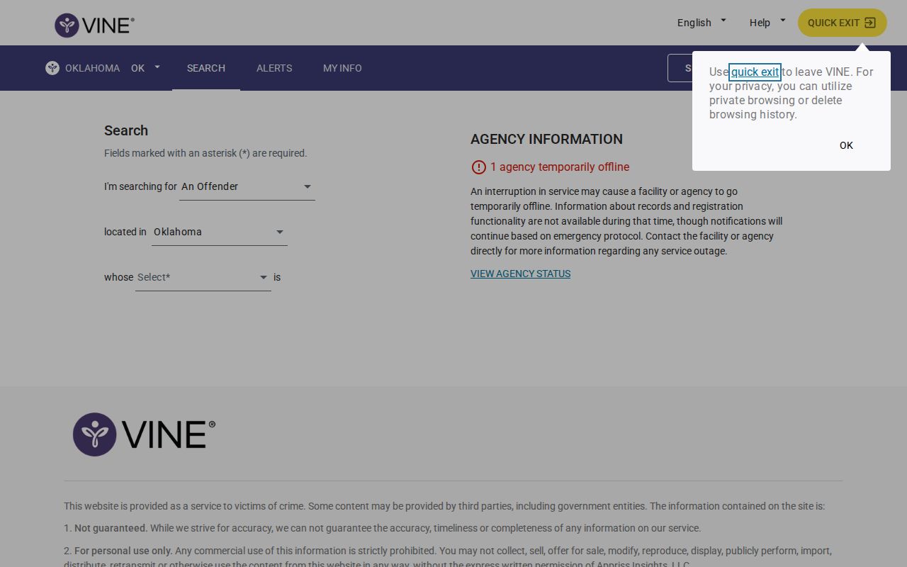 Pawnee County VINE inmate search for custody and release status