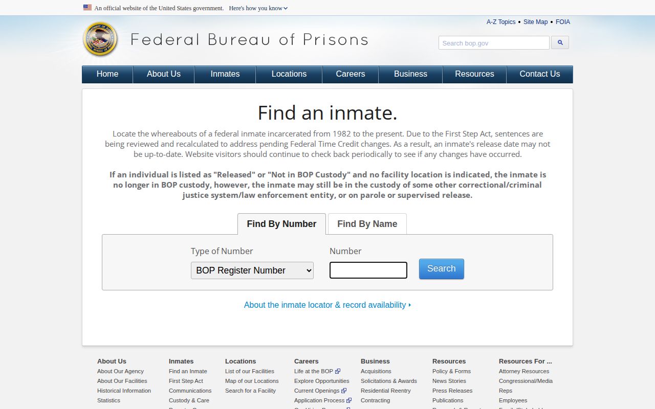 BOP federal inmate release search for a person connected with Pawnee County